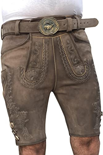 Trachten Lord Herren Trachten Lederhose Herren kurz Lederhose antik braun Hirschleder mit Trachten Gürtel Gr, 46-64