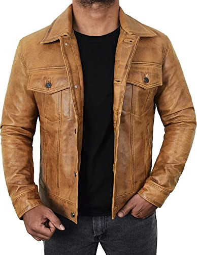 Fashion_First Mens Tan Motorcycle Real Leather Trucker Jacket For Men - Casual Outerwear Biker Leather Western Cowboy Jacket