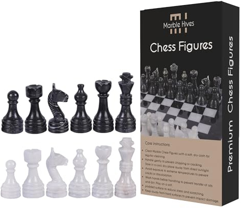 Marmor-Schachfiguren – Komplett-Set mit gewichteten Marmor-Teilen, 40,6 x 40,6 cm große Marmor-Schachbrett-Kompatibilität, zeitlose Eleganz in Schachfiguren, Stein (Schwarz & Weiß)