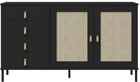 Woodroom Valencia Sideboard schwarz – Kommode aus massiver Kiefer, lackiert, 140x80x40 cm – Design-Schrank mit 2 Türen & 4 Schubladen für stilvolle Wohnräume