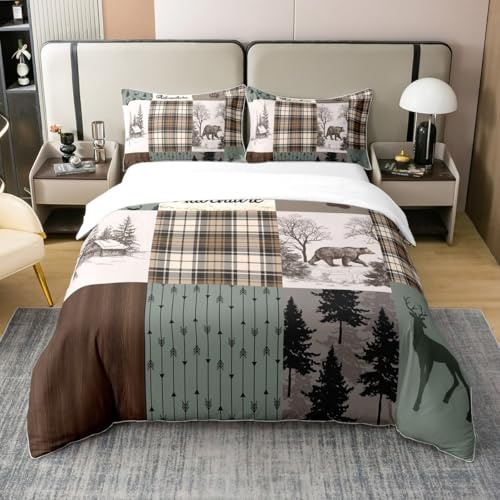 Lodge Cabin 100% Cotton Duvet Cover King Size Cartoon Bear Deer Wild Animal Bedding Set for Kids Teens Adults Retro Green Brown Plaid Rustic Farmhouse Comforter Cover with 2 Pillowcases(No Comforter)