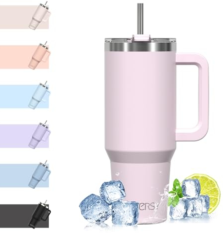 WATERSY 40oz Kaffeebecher to Go Thermobecher Doppelwandiger Edelstahl Vakuum Auslaufsicher Trinkbecher mit Griff und Strohhalm Thermal Tumbler Rosenpulver