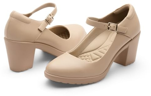 Cusolemore Mary Jane Shoes for Women with Arch Support, Closed Toe Heel Pumps, Nude Work Shoes for Women, Chunky Short Heel Dress Shoes Size 8.5