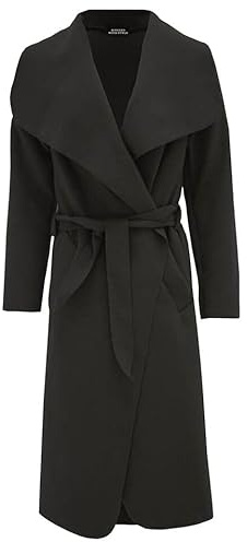 Women's Italian Long Duster Coat Ladies Long Sleeve French Belted Trench Waterfall Jacket | UK One Size 8-14