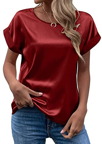 Satin Bluse Damen Elegant, T Shirt Damen Kurzarm,Seidenbluse Damen Seidentop Rundhals Sommer Oberteile Lässig Arbeitshemd Locker Bequeme Blusenshirt T-Shirt Blusen & Tuniken für Frauen
