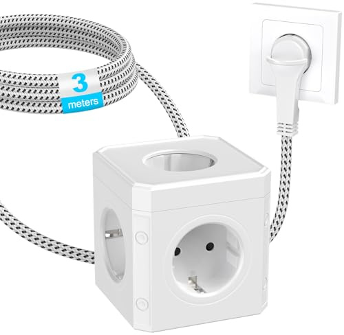 Steckdosenwürfel 5-Fach, Steckdosenleiste mit Flachstecker, Mehrfachsteckdose Würfel für Büro Hause Reisen - 3m Kabel - Weiß