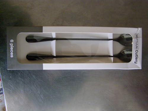 NEPTUUN Hochwertige Latte Macchiato Löffel 6er Set, 22,8 cm, lange Löffel, Longdrinklöffel aus Edelstahl, Cocktaillöffel, Dessertlöffel, Eislöffel,Eiskaffee Hochglanzpoliert (Schwarz)