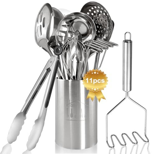 Cooking Utensils Set 11pcs - Stainless Steel Kitchen Utensils Set with Holder, Heat Resistant Kitchen Utensils Sets for Cooking with Turners, Potato Masher, Skimmer, Spoons, Ladle, Tongs, Whisk
