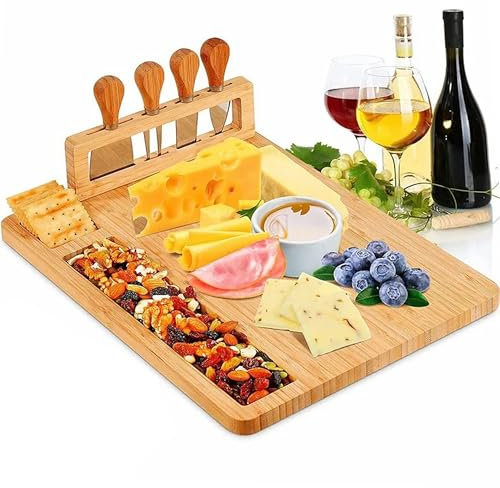 Charcuterie Tray Set - Wooden Cheese Board Gift Set Includes 2 Knives and 1 Fork for Serving Crackers & Salami