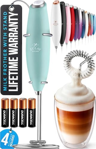 Zulay Kitchen Potente varita espumadora de leche con 4 pilas AA Duracell, mezclador de bebidas de mano ultrarrápido, batidor eléctrico de espuma para café, lattes, capuchino, matcha y crema, menta
