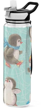 Mnsruu Transparente Sport-Wasserflasche mit Strohhalm, auslaufsichere Trinkflasche, niedlicher Pinguin, Winter-Fahrradflaschen für Sport, Büro, Schule, BPA-freier Tritan-Kunststoff, 1 Liter