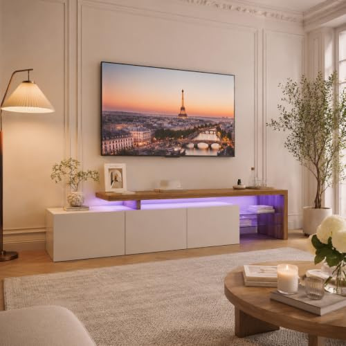 LONELYO Meuble TV LED Haut de Gamme 200 x 39 x 42 cm, Éclairage Réglable et Étagères en Verre, Design Élégant en Bois Noir, Rangement Pratique, Chargeur Européen Inclus (Blanc)