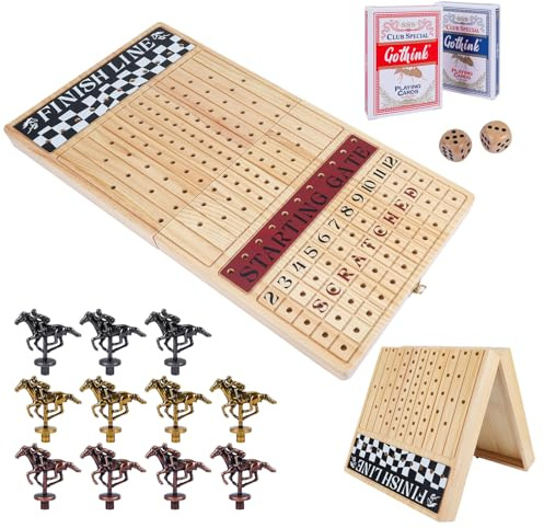 Offelec Large 23 inches Horse Race Board Game, Premium Durable Foldable Wooden Box, Horse Racing Game with 11 Retro Metal Horses, 2 Dices and 2 Playing Cards Fun Family Night Games for Adults Kids