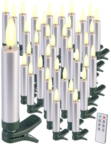 Lunartec Weihnachtsbaumbeleuchtung: 40er-Set LED-Weihnachtsbaumkerzen mit Dochten und Flammen-Effe, Silber (LED Kerze, Kerzen, Weihnachtsbaum)