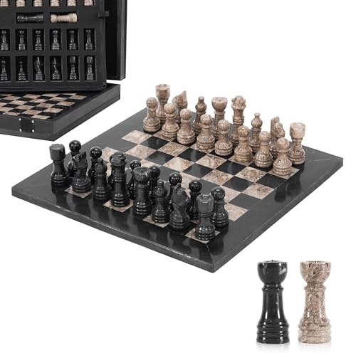 25,4 cm schwarzes und ozeanisches Marmor-Schachspiel mit Aufbewahrungsbox und 2 handgefertigten Luxus-Brettspielen für Erwachsene, ideales Marmor-Schachspiel und Schachfiguren