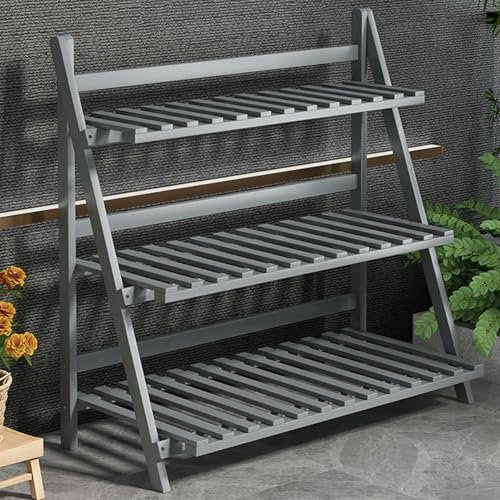 Bambus-Pflanzenständer, Aufbewahrungsregal mit 3 Ebenen, Leiterregal, Organizer für Balkon, Wohnzimmer und Garten, multifunktional, grauer Blumenhalter