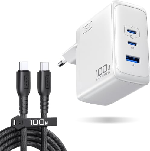 INIU Cargador USB C GaN 100W, 3-Puertos Cargador Rápido Compacto con Cable USB C de 100W 1.5m, Cargador de Viaje para Portátil MacBook Pro Air 14, iPhone 17 16 Pro Max iPad Samsung S26 S25 Ultra Pixel