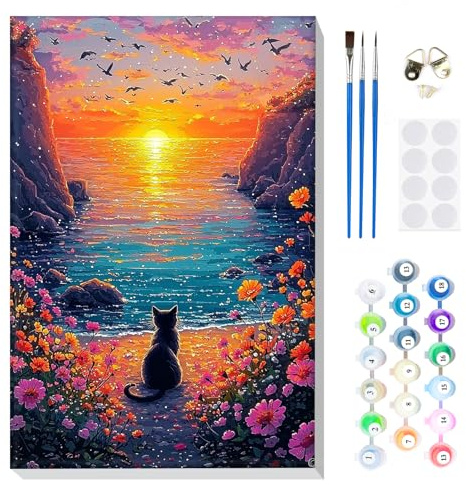 MOGTAA Malen Nach Zahlen Erwachsene mit Rahmen, Malen Nach Zahlen Schwarze Katze Tiere, DIY Ölgemälde Leinwand Set Acrylic Malerei Bilder für Home Dekor, 20x30cm