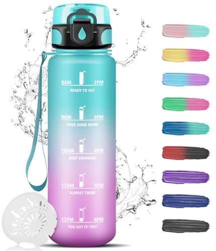 Grsta Trinkflasche 1L, Trinkflasche Sport mit Filter, Sporttrinkflasche, Auslaufsicher, Leicht zu Reinigen, Wasserflasche mit Zeitmarkierung, für Schule, Camping, Outdoor, Wandern, Running