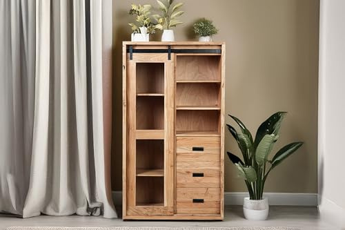 SAM Highboard Lian IV 100x45x175 cm, Akazie Natur Baumkante | 7 Fächer & 3 Schubladen, Glas-Schiebetür, Gusseiserne Elemente, Akazienholz massiv