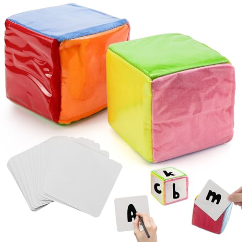 NCTNCX Cubo in schiuma 2 pezzi cubi con tasche da taschino da 10 cm con 20 carte fai da te educazione giochi dadi da gioco con tasche per asilo, scuola materna, scuola, cubo di stoffa