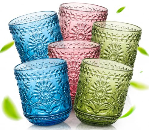 Topsky 6 Stück 360ml bunte Glas Trinkgläser | Blumenprägung, je 2 Stück Pink/Blau/Grün, stapelbar, spülmaschinengeeignet, für Cocktails und Saft