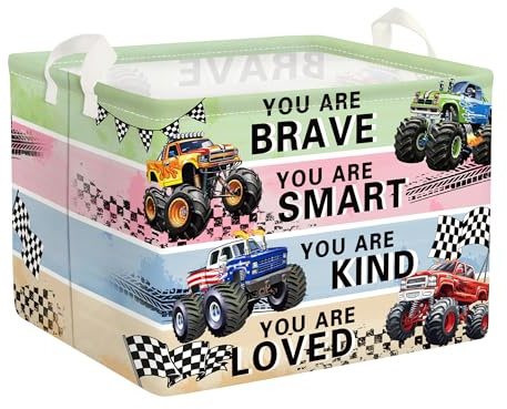HUUMONSS Grande Cesta Porta Biancheria Auto dei Cartoni Animati Pieghevole Cestini Portaoggetti Giocattoli Vestiti per Bambino Cesta Indumenti Sporchi per Bagno,Monster Truck,36L