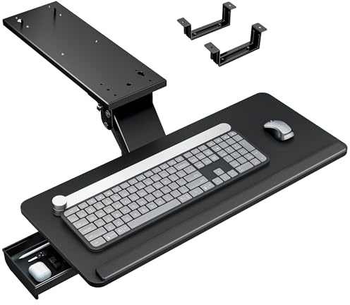 PEGZONE Bandeja para Teclado Bajo Escritorio con Cajón | Bandeja de 635 × 270 mm, Altura Ajustable, Giratoria e Inclinable, Diseño Ergonómico para Hogar y Oficina