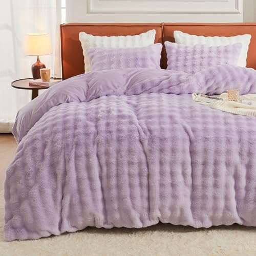 EMME Sängklädersset av plysch 220x240 cm Violett - Sängklädersset för vinter med imiterad kaninpäls, inkluderar ultra varm nordisk påslakan med dragkedja + 2 örngott 80x80
