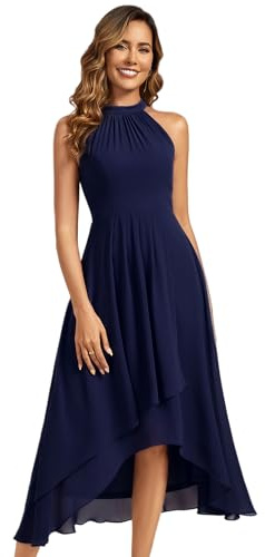 Ever-Pretty Robe Mariage Invitée Femme Épaules Dénudée High Low sans Manches Mousseline Ourlet Irrégulier Chic Bleu Marine 38