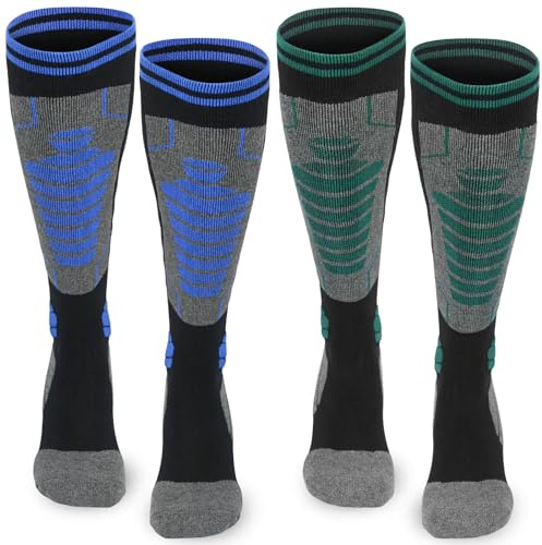 ouhos 2 par skidstrumpor för män och kvinnor, varma skidstrumpor, termostrumpor, vinterstrumpor med vaddering, knästrumpor, skidstrumpor för snowboard, skidåkning, snö, jakt, vandring 43–46, Svart blå