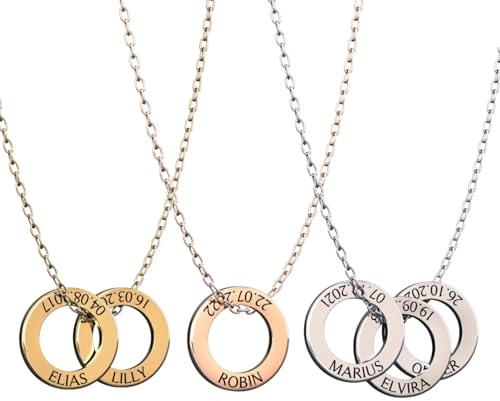 Generisch Personalisierte Halskette mit Gravur | Ringe mit Namen & Geburtsdaten der Kinder | Geschenk Mama | Gold, Silber, Roségold | Edelstahl Wasserfest | Made in Germany