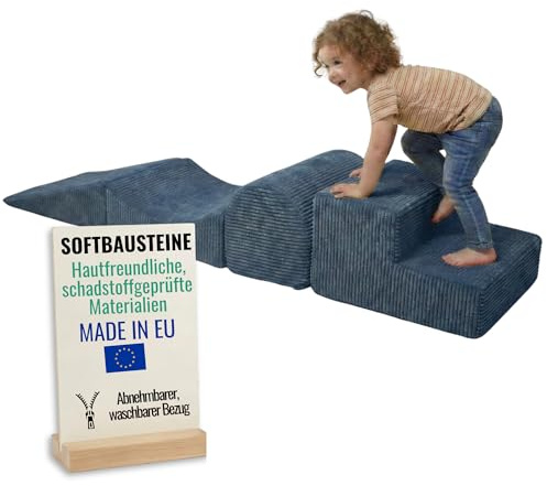 Pillows24 – Schaumstoff Bausteine Kinder aus Cord | 4-teiliges Softbausteine Set zum Spielen & Klettern Baby | Schaumstoffbausteine XXL für Motorik & Bewegung | Blau