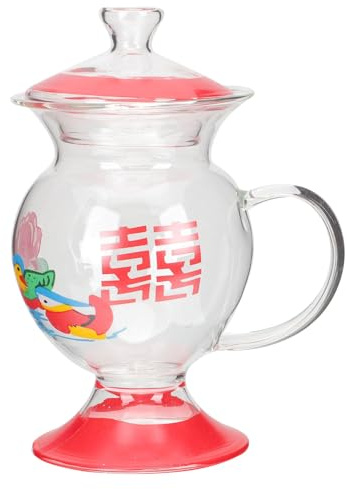 FONDOTIN Taza de Vidrio Estilo Antiguo Tapa Roja 230 Ml Diámetro 9,2 Cm Altura 16,8 Cm, Taza de Agua Doméstica Multifuncional para Café, Leche y Fiesta, Vaso Retro para Hogar y Obsequio