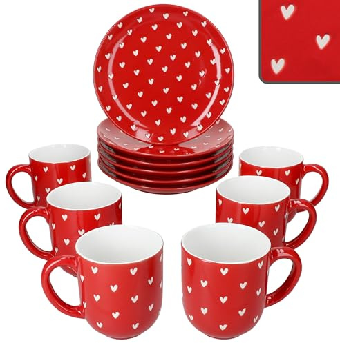MamboCat Love 12tlg Frühstücksset I 6x Kuchenteller Ø19,5cm & 6x Kaffeebecher 300ml I Porzellan Geschirr rot mit weißen matten Herzen I für Frühstück & Kaffeezeit