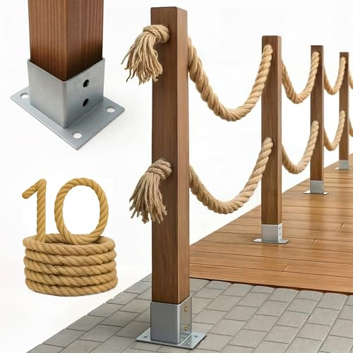 Bogateco Holzzaun Doppel-Seilzaun 10m | Komplettes Absperr-Set mit 2 Juteseilen 30mm & Holzpfosten | Imprägniertes Holz inkl. Bodenanker zum Aufschrauben | Dunkelbraun