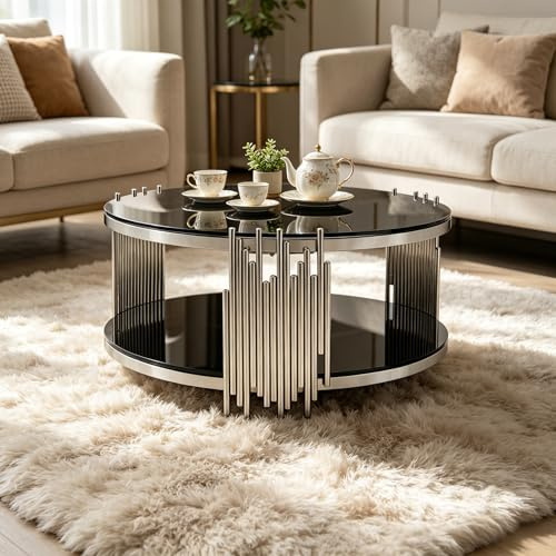 FammyLoft Couchtisch mit Zweistufiges Speicherdesign, Modern Rundglas CoffeeTable mit Silber Edelstahl Rahmen, Kaffeetisch mit Gehärtetes Glas Konstruktion, Center für Wohnzimmer/Balkon/Schlafzimmer