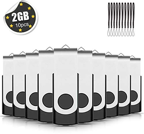 10 Pack USB Memory Sticks 2GB EASTBULL USB 2.0 Flash Drives Pen Drive Photo Memory Stick Swivel Design Fold Storage (Black With Lanyard)