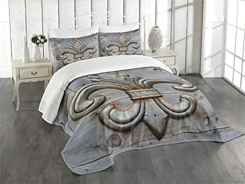 ABAKUHAUS Fleur De Lis Tagesdecke Set, Alte Zeichen Holz, Set mit Kissenbezügen Feste Farben, für Doppelbetten 264 x 220 cm,Grauen braunen