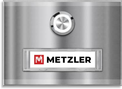 Metzler® Funkklingel mit austauschbarem Namensschild und Aufputzmontage aus Edelstahl Silber wetterfest pflegeleicht 110 x 80 x 11 mm für Haustür oder Familienhaus 10 Jahre Ersatzteilverfügbarkeit