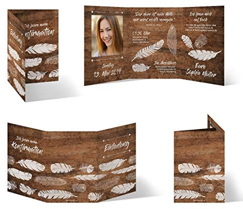 10 x Konfirmation Einladungskarten individuell mit Foto und Text DIN A6 Wickelfalz Klappkarte - Holz Federn