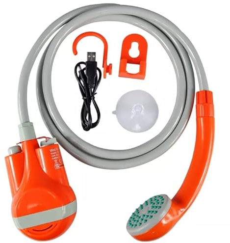 Qdreclod Portátil Ducha de Camping con 2200mAh Recargable Batería, Cable USB, Bomba de Agua, Manguera de 1.8m, Ventosas y Ganchos, Ducha Exterior para Acampar, Caminar, Viajar, Jardín