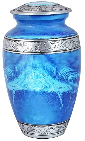 Urne funéraire Florale gravée en Argent pour Cendres humaines Adultes – Urne funéraire funéraire fabriquée à la Main – Grande urne Columbarium – Sac Inclus (Bleu mer)