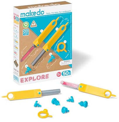 Makedo Explore | Werkzeugset aus recycelter Pappe im kleinen Werkzeugkasten (50 Teile) | STEM- und STEAM-Lernspielzeug für Zuhause und Schule