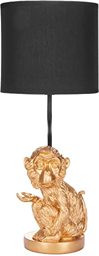 BRUBAKER Tisch- oder Nachttischlampe kleines Äffchen - Affe Tischleuchte mit Keramikfuß und Stoffschirm - 52 cm Höhe, Gold Schwarz