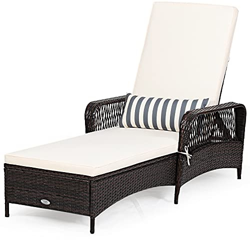 COSTWAY Rattan Sun Lounger, 6 Positions Adjustable Deck Chaise Sunbed with Removable Cushion and Pillow, Outdoor Wicker Weave Reclining Chair for Patio Garden Poolside (Brown + Cream, without Wheels)