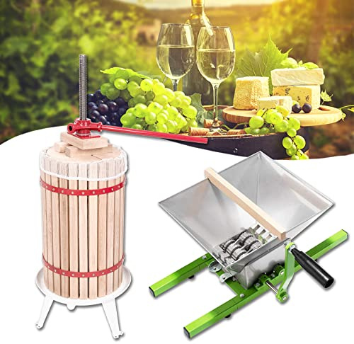 Froadp Ensemble Mobile de Pressoirs à Fruits 30L Presse-Fruits en Chêne + 7L Moulin à Fruits en Acier Inoxydable Presse Agrumes Manuels Set pour la Fabrication de Jus, Vins et Cidres