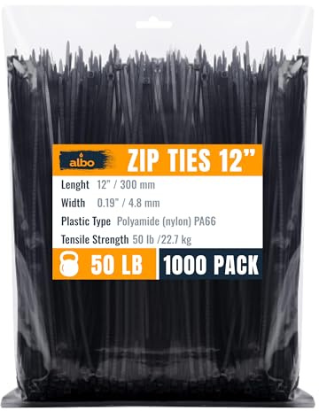 ALBO Zip Ties Black 12 Inch 1000 Pack 50 lb, Long Plastic Cable Ties Thick 0.19 Inch Tie Wraps Heavy Duty UV Resistant Nylon Wire Ties for Indoor and Outdoor