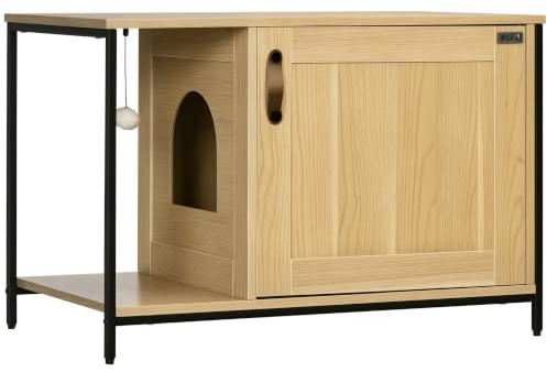 PawHut Maison de Toilette pour Chat Meuble Cache litière pour Chat Style Industriel Porte entrée latérale Boule Suspendue châssis Acier Aspect Bois Clair