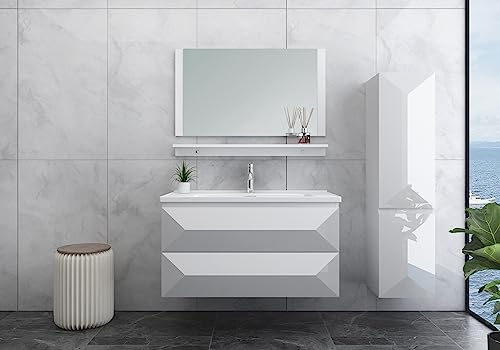 Badmöbelset Miran Hochglanz Schwarz/Weiß 90cm (Weiß, 1x Seitenschrank Rechts)